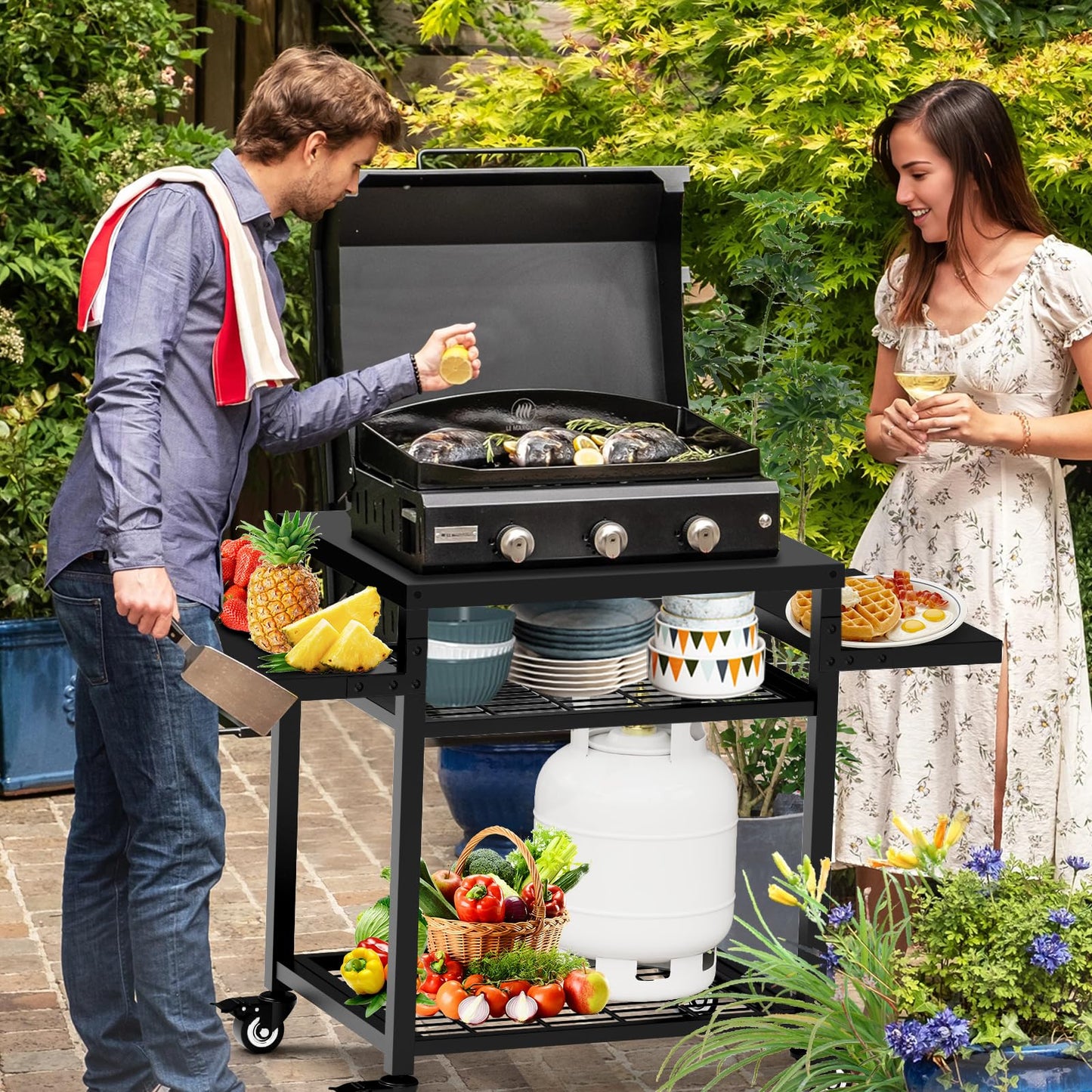RAXSINYER Grill Table for Outside, Grill Cart with Three-Shelf, Outdoor Kitchen Island for BBQ Food Prep