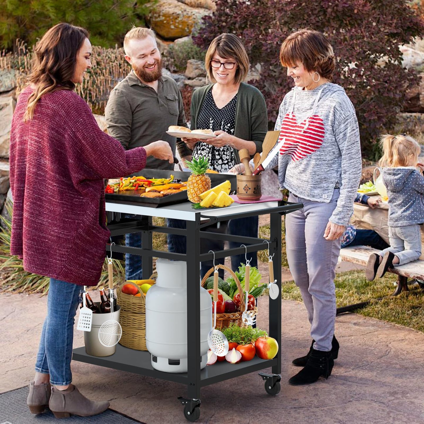 RAXSINYER Grill Table, Movable Grill Cart with Wheels, Outdoor Kitchen Food Prep Table, 32"x 20", Stainless Steel, Black