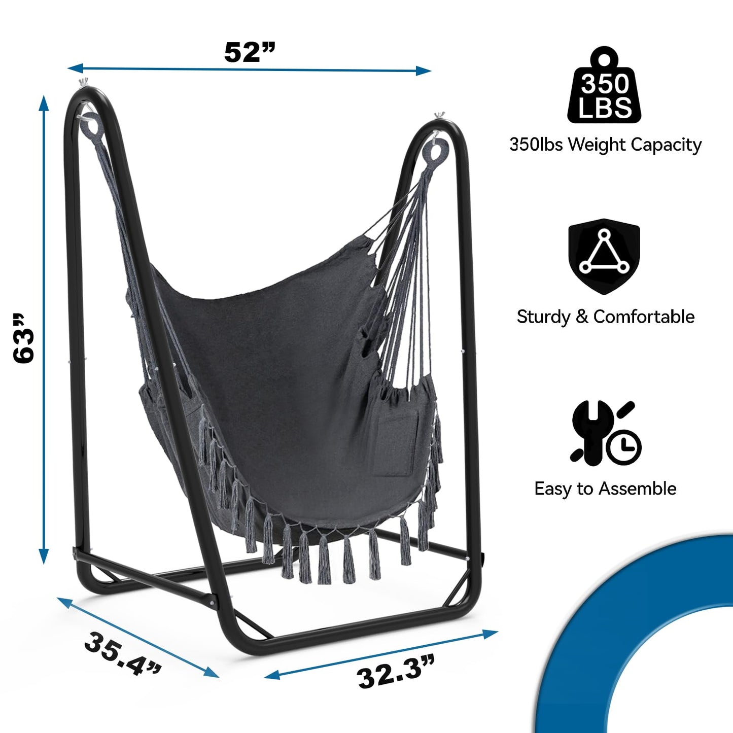 Hammock Chair with Stand for Hanging Swing Chair, Heavy Duty Steel, Max Load 350lbs, Gray