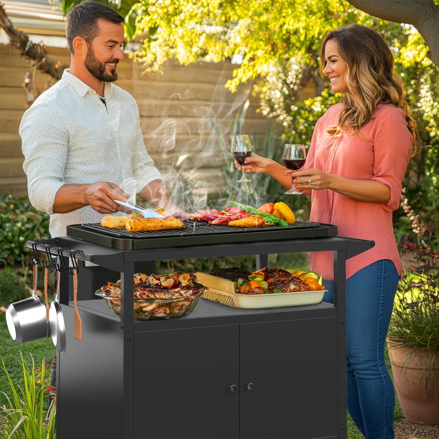 Outdoor Kitchen Table with Storage Cabinet, Grill Table for Kitchen Prep and BBQ, Kitchen Island Rolling Grill Cartwith 4 Utensil Hooks