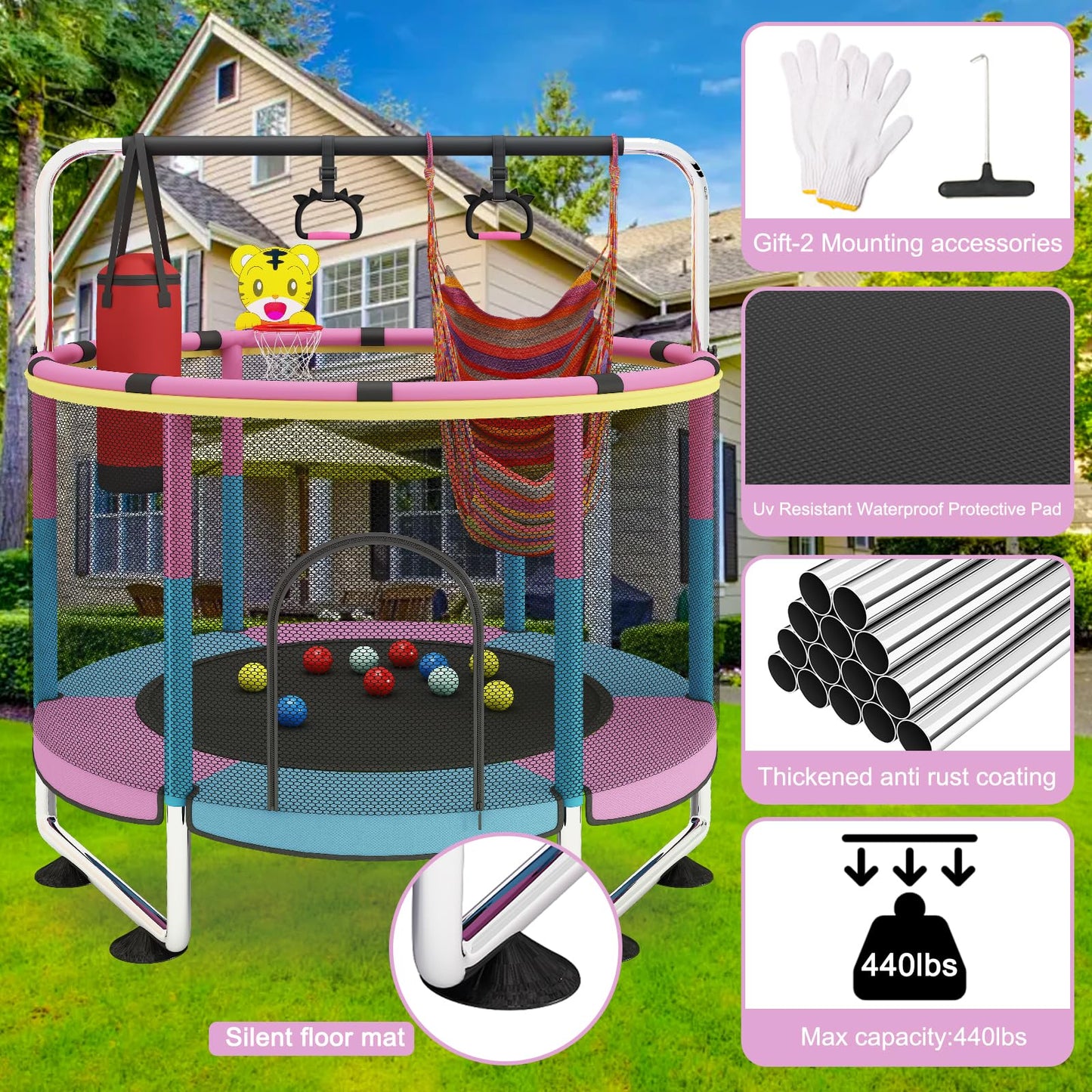 G TALECO GEAR 5 FT Indoor Trampoline for Kids 3-6, Outdoor Toddler Trampoline with Enclosure Net and Toys, 440lbs