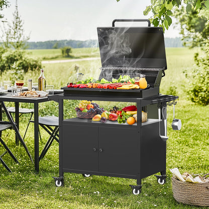 Outdoor Kitchen Table with Storage Cabinet, Grill Table for Kitchen Prep and BBQ, Kitchen Island Rolling Grill Cartwith 4 Utensil Hooks