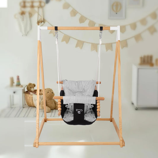 Semoprus 2-in-1 Baby Bouncer Jumper & Toddler Swing, Montessori Wooden Swing Set with Stand for Outdoor/Indoor, Suitable for Kids Up 3 Yrs
