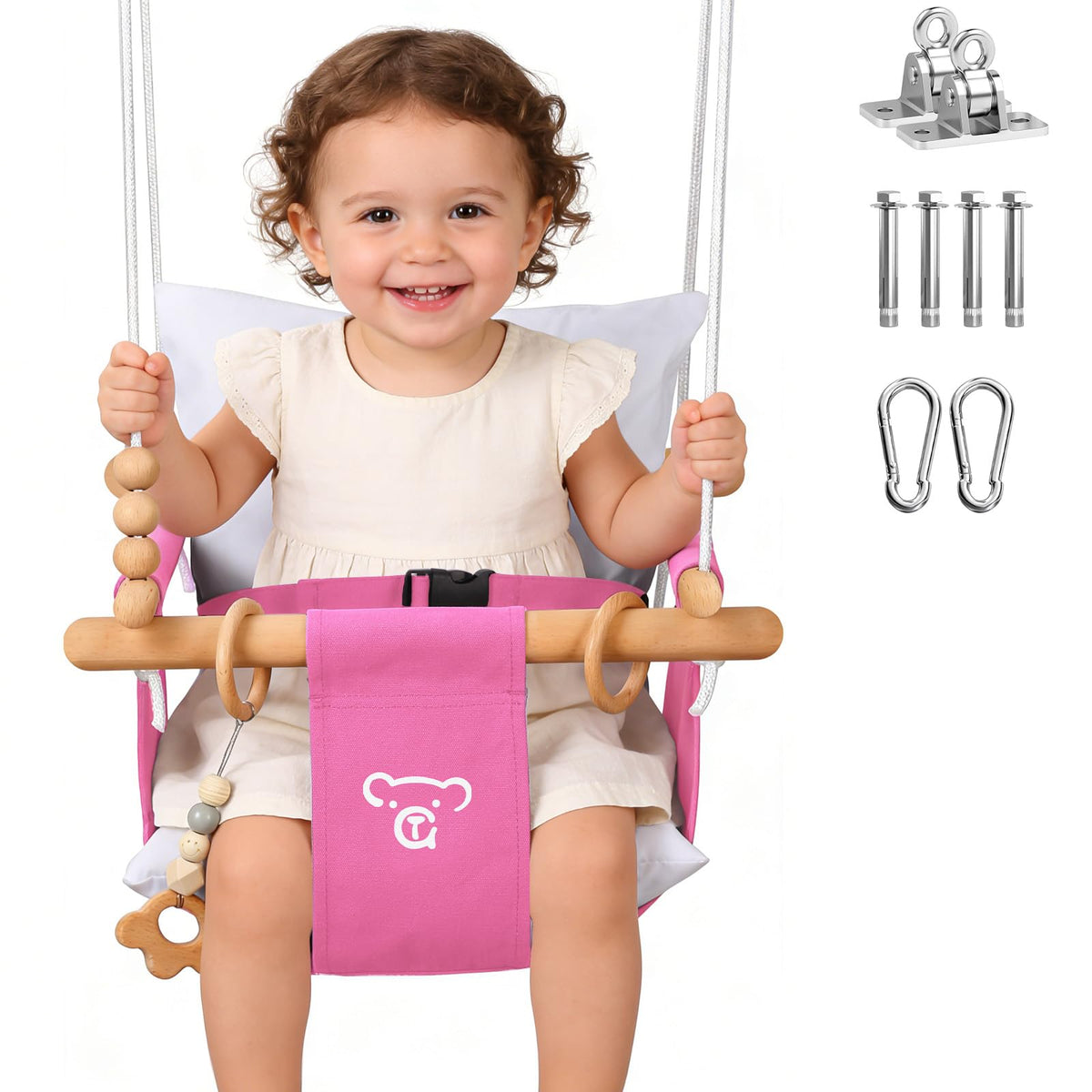 SEMOPRUS Canvas Toddler Swing, Wooden Baby Swing Seat Chair with Safety Belt, Durable Hanging Swing, Outdoor and Indoor Swing for Kids