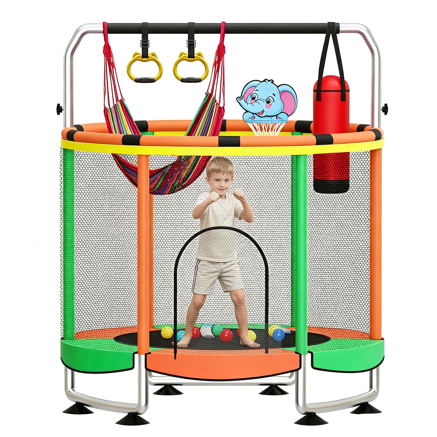 55" Trampoline for Kids with Enclosure Net, 440lbs Indoor Outdoor Toddler Trampoline, Adjustable Gymnastics Bar&Toys, for Boys Girls, Green and Orage