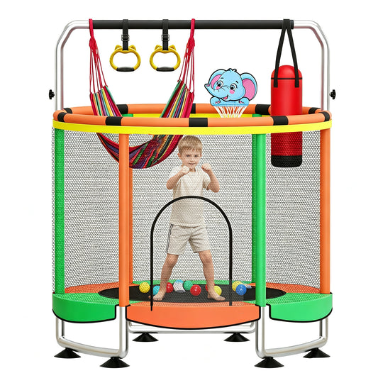 55" Trampoline for Kids with Enclosure Net, 440lbs Indoor Outdoor Toddler Trampoline, Adjustable Gymnastics Bar&Toys, for Boys Girls, Green and Orage